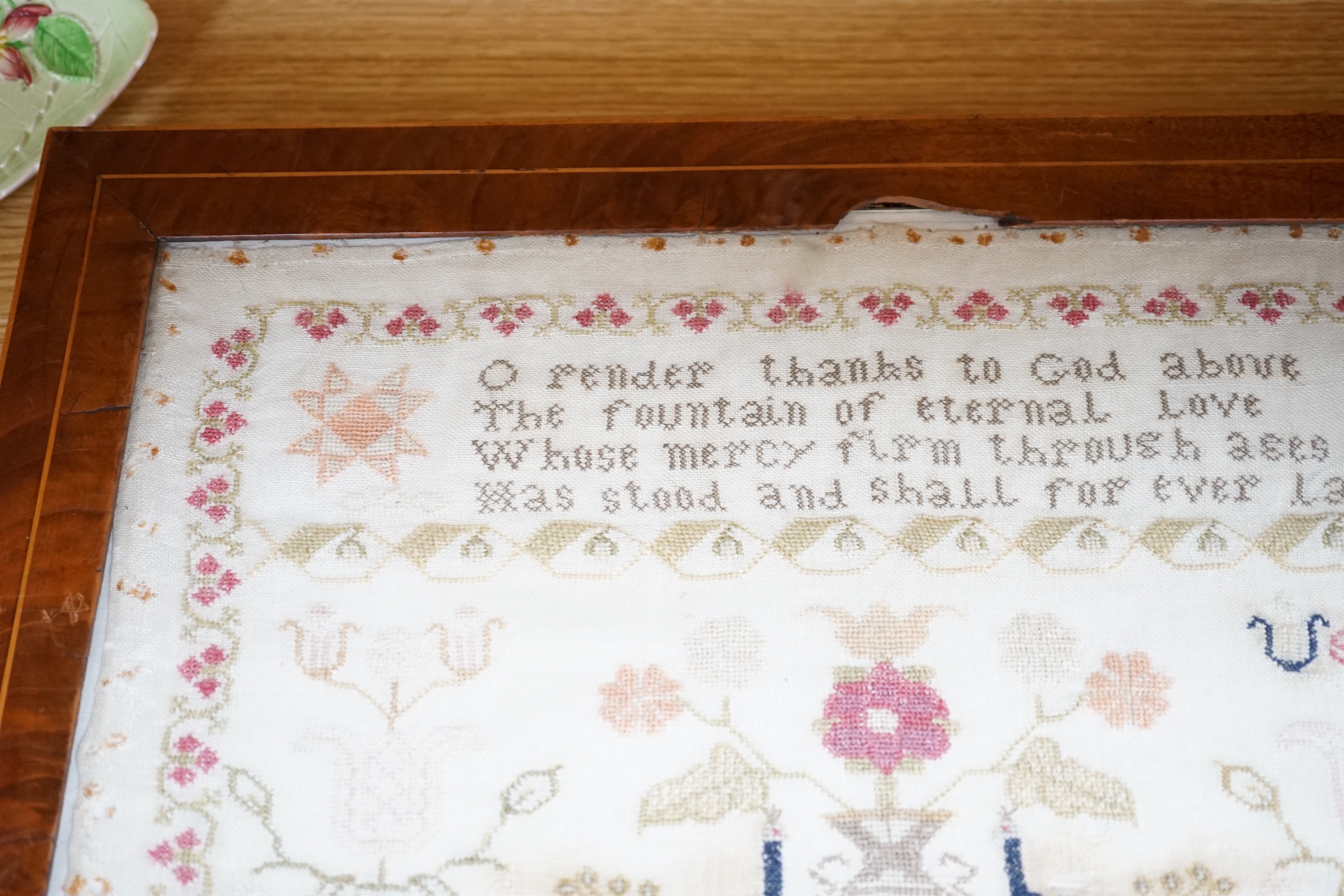 A framed late 19th century sampler, 40x41cm